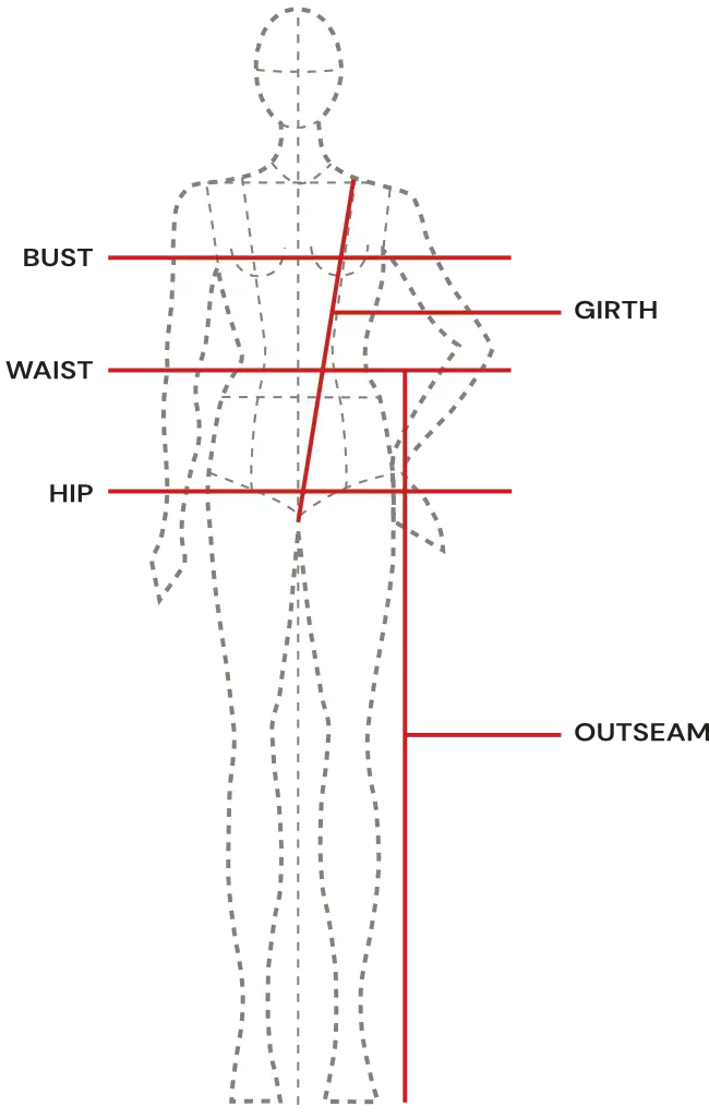 Body measurement diagram showing bust, waist, hip, girth, and outseam.
