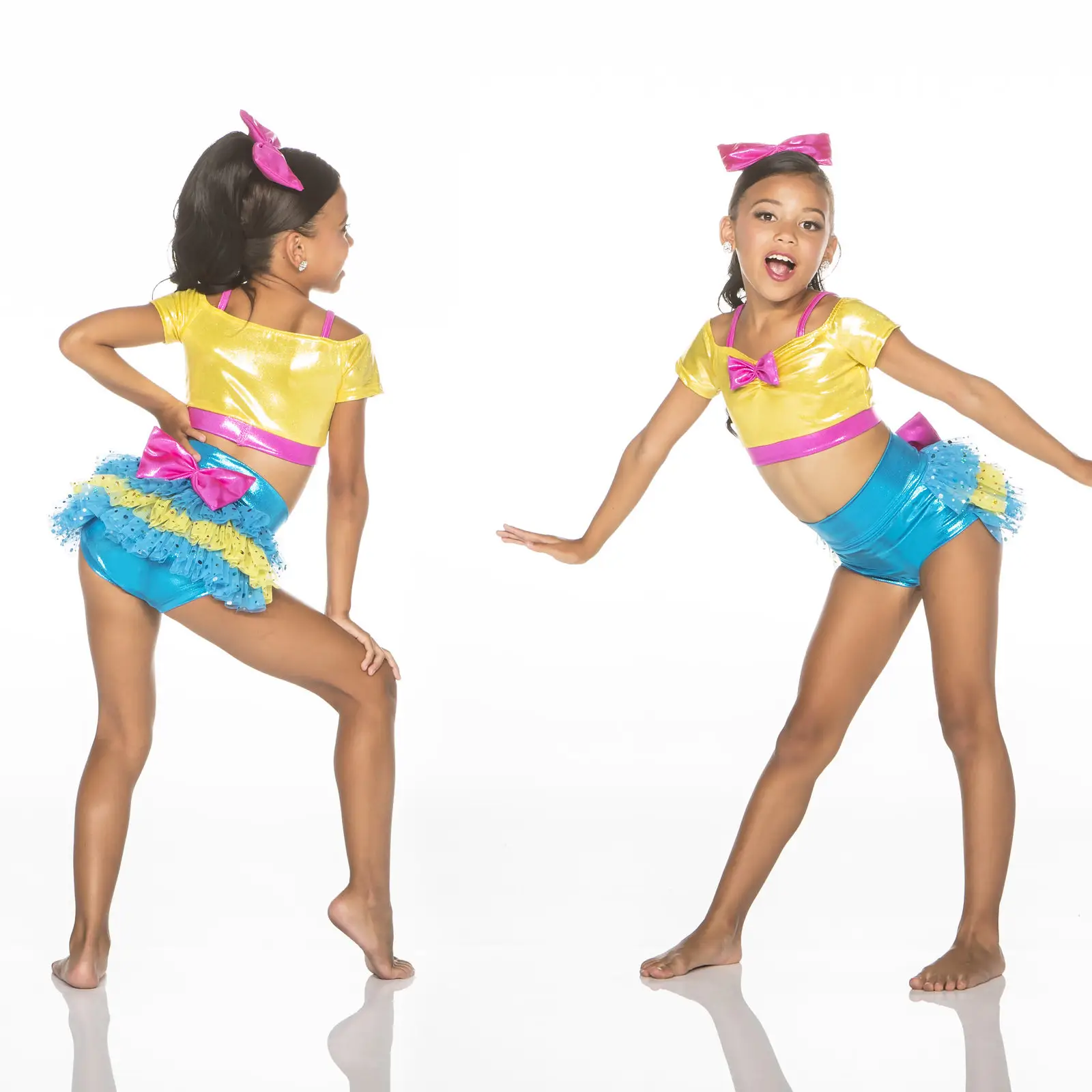Young dancer modeling colorful yellow and blue dance costume