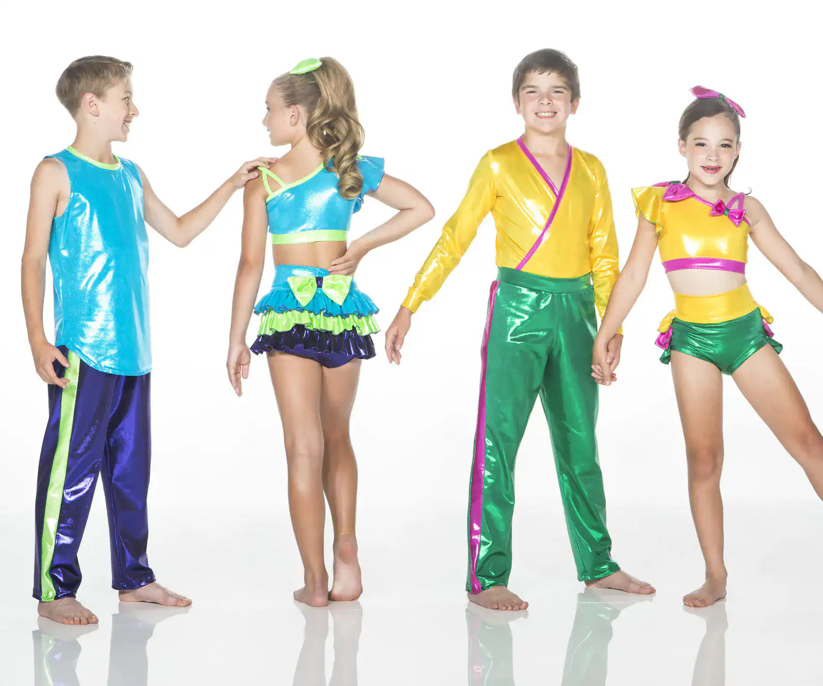 Four children modeling colorful metallic dance costumes