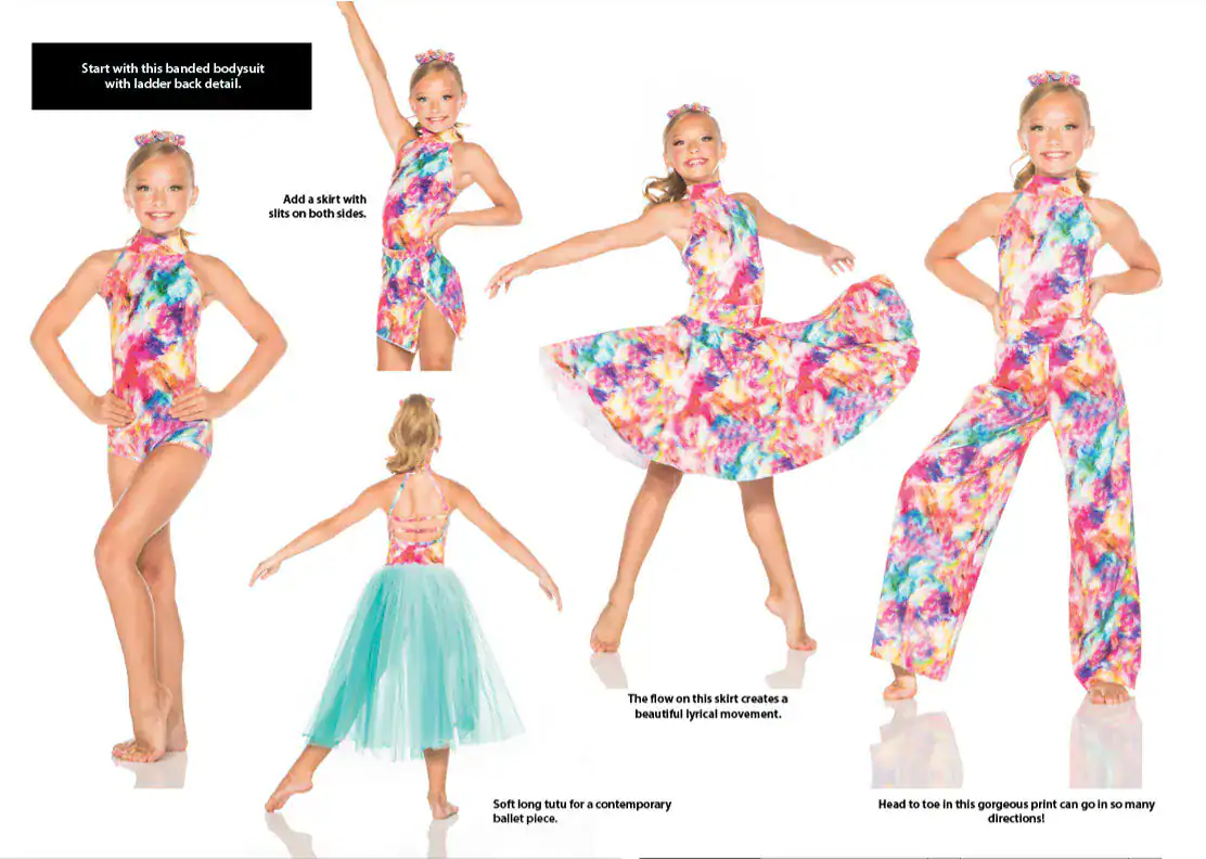 Girl modeling colorful dance bodysuit, skirt, tutu, and pants