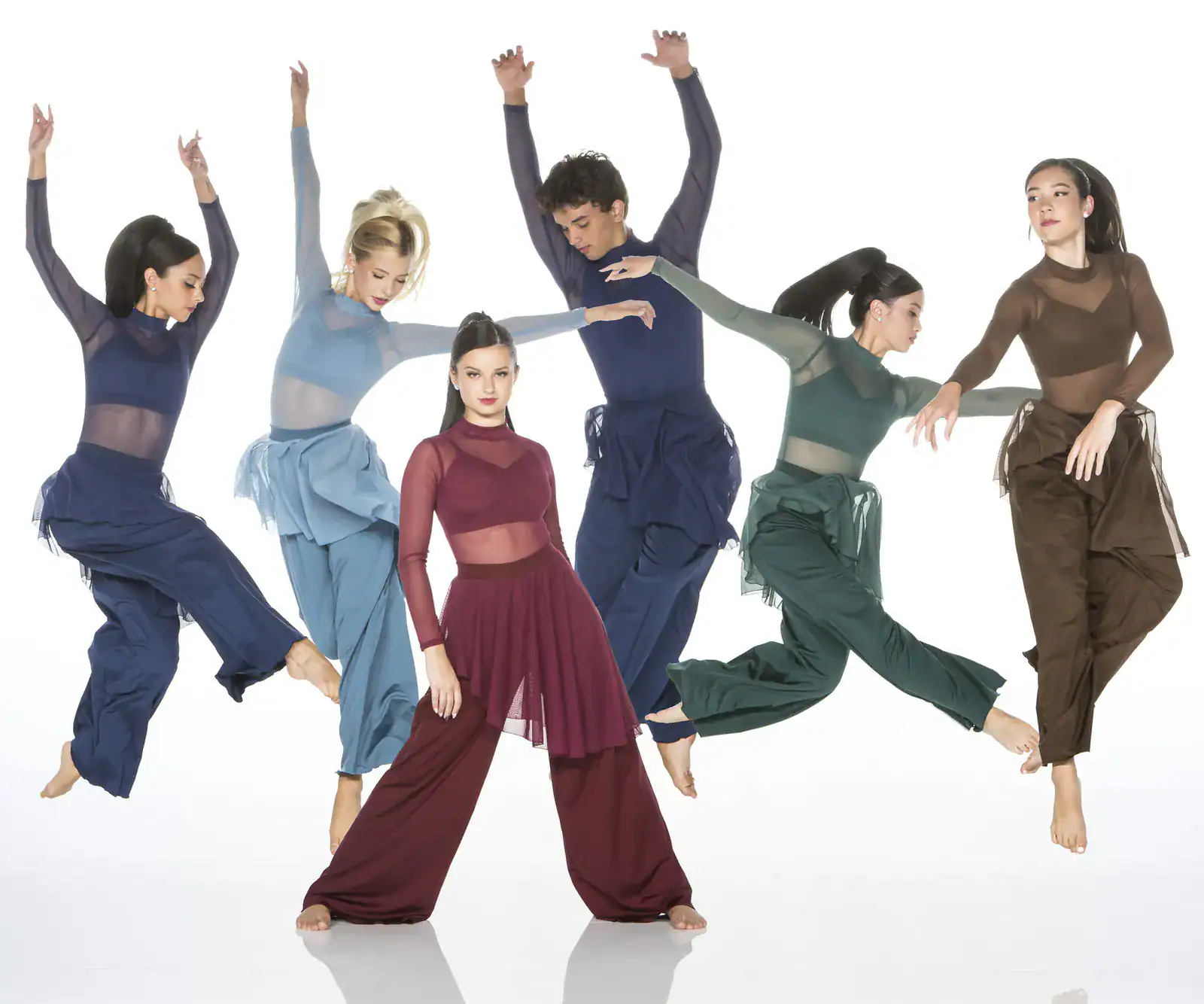 Six contemporary dancers pose in colorful sheer costumes.