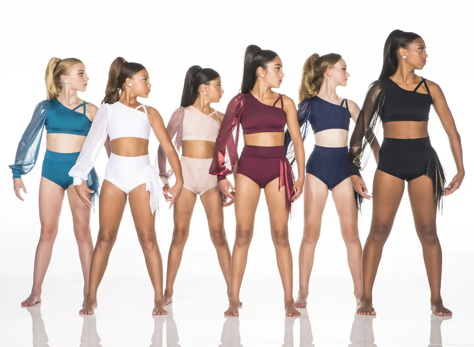 Six dancers model colorful one-sleeve performance outfits.