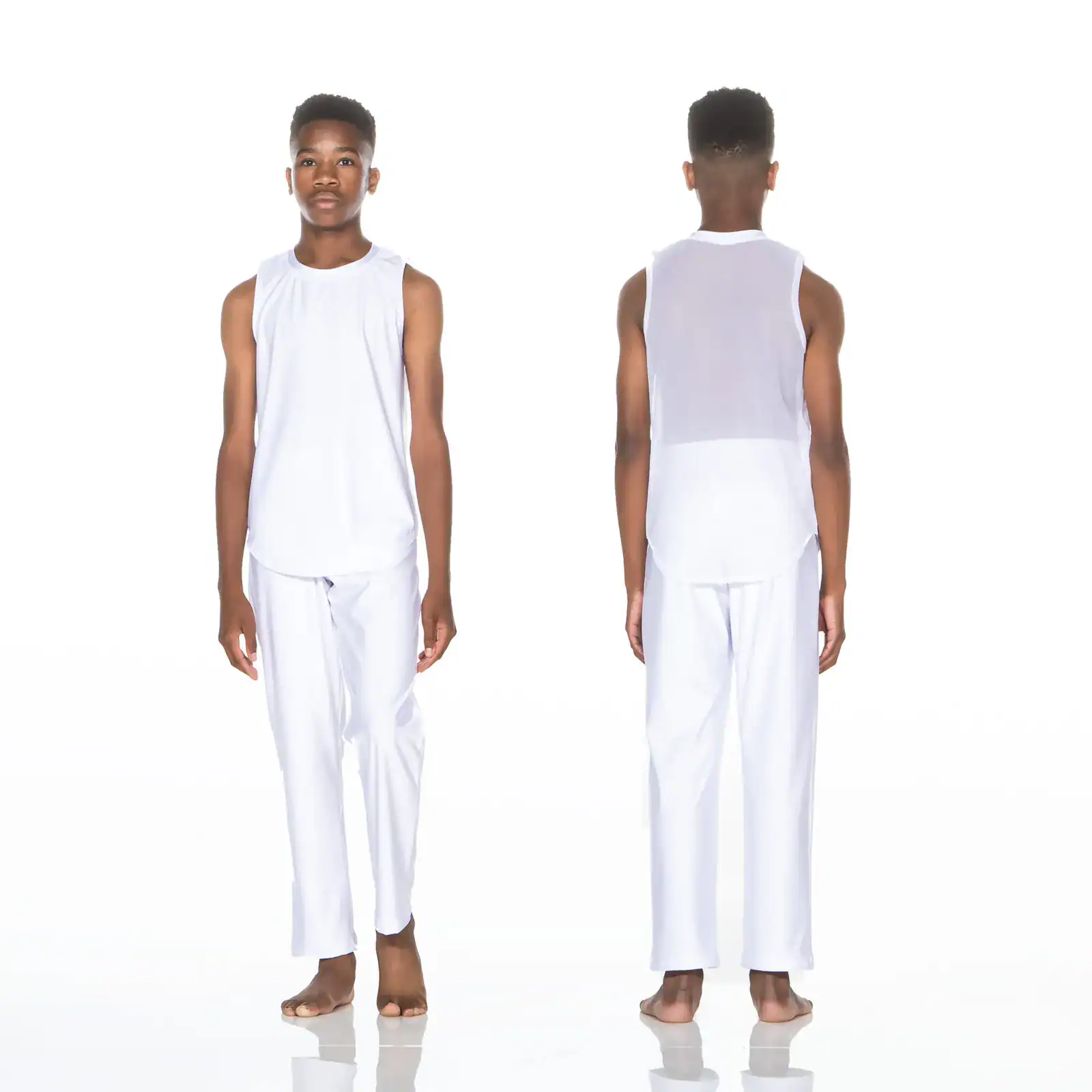 Front and back views of model in white sleeveless outfit