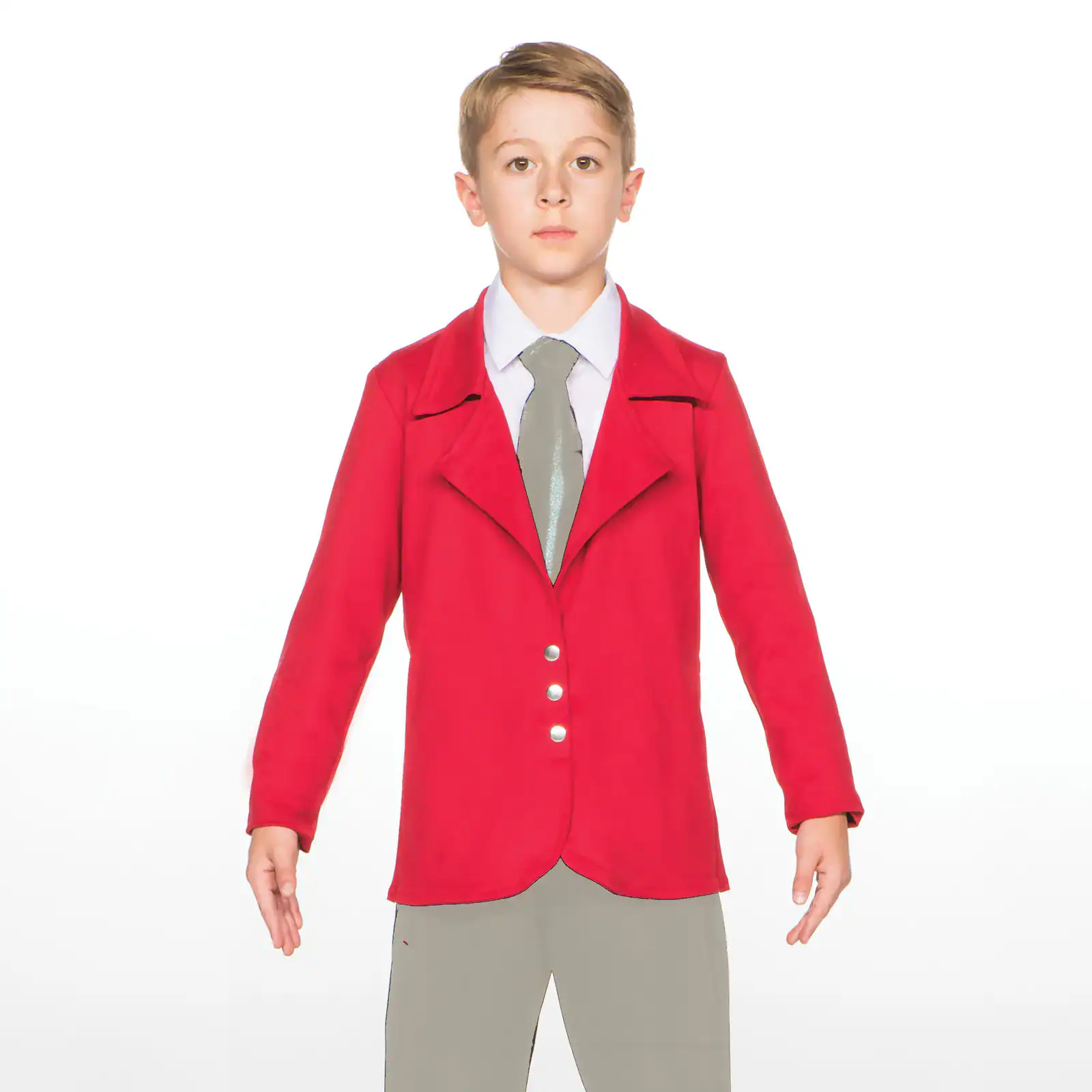 Boy wearing red blazer, white shirt, and gray tie