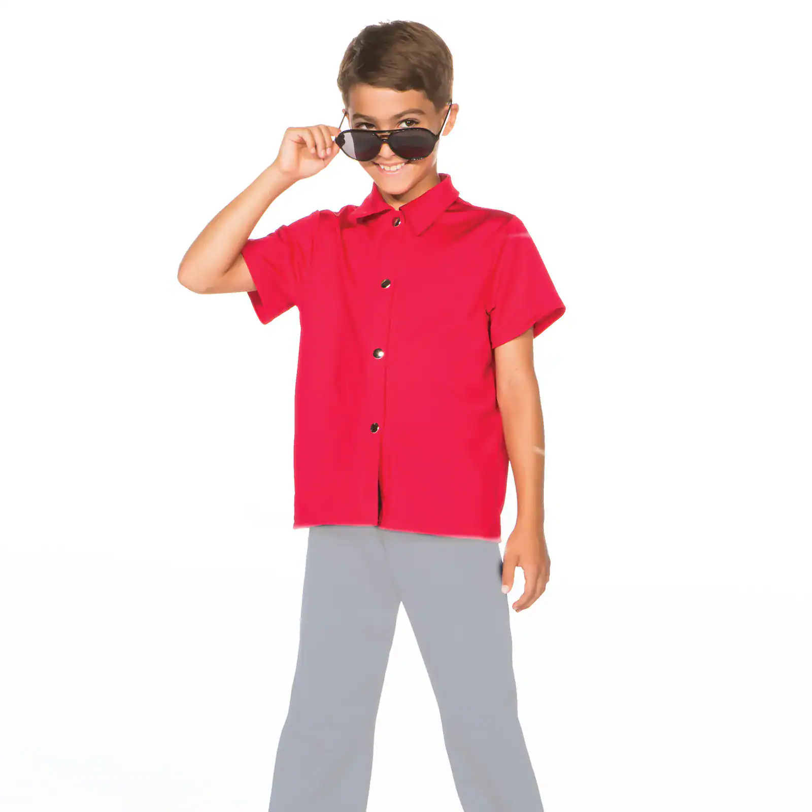 Smiling child in red shirt adjusts sunglasses