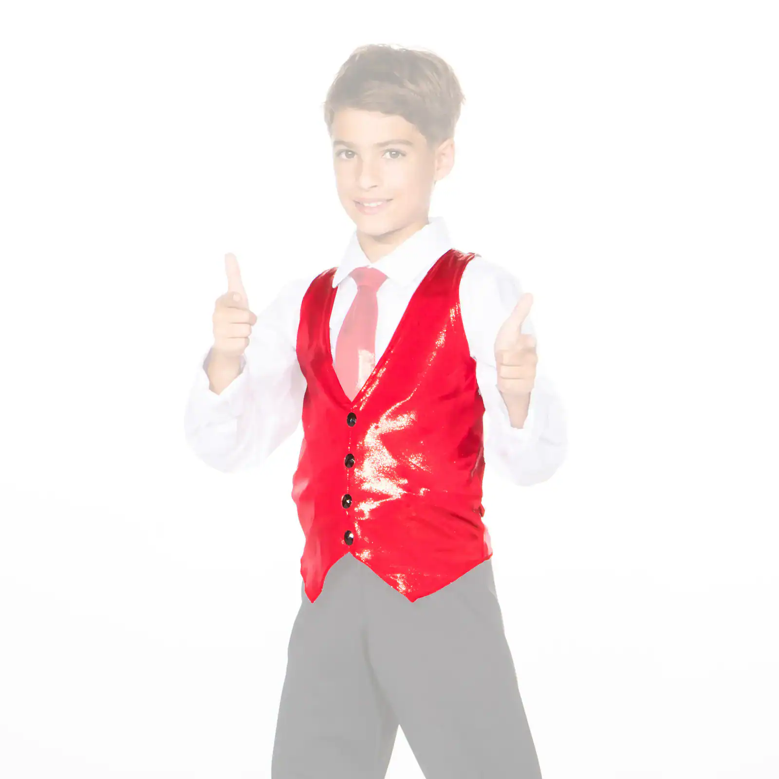 Smiling boy in red vest gives two thumbs up