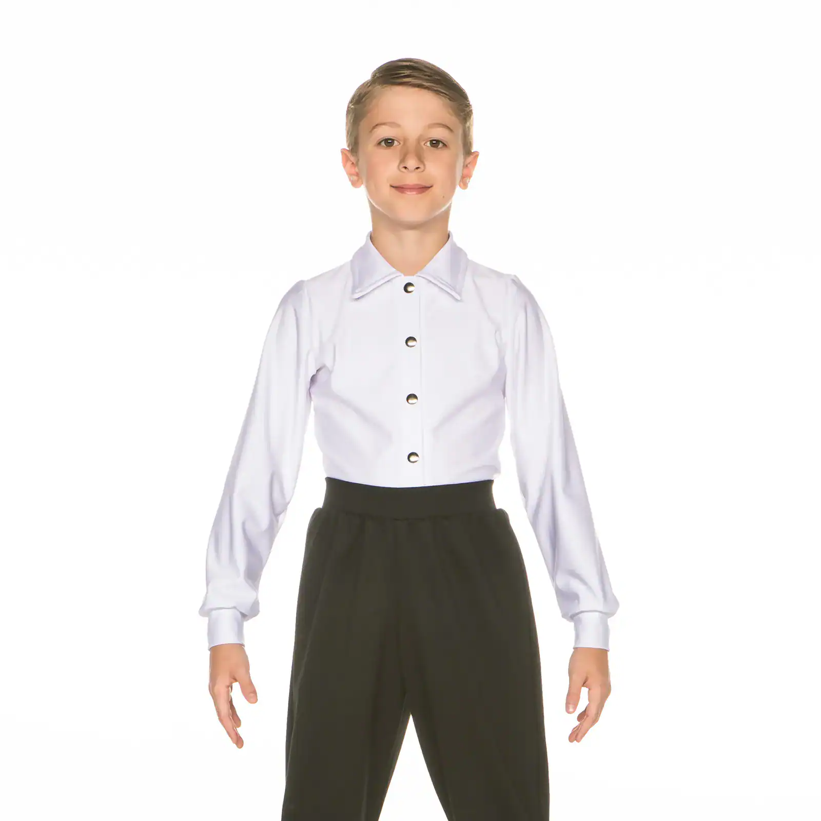Boy wearing white button-up shirt and black pants