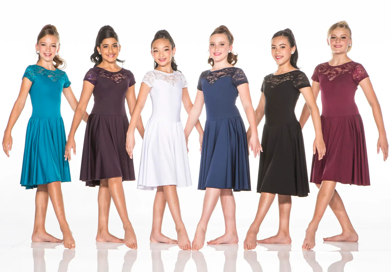 Six girls modeling lace-neck dresses in assorted colors