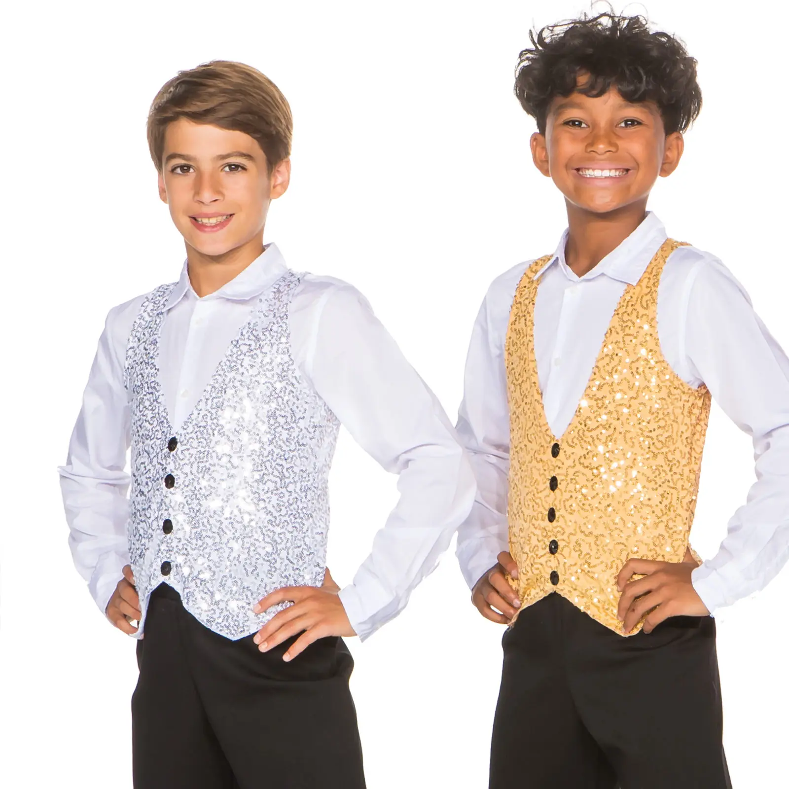 Two smiling boys wearing silver and gold sequined vests