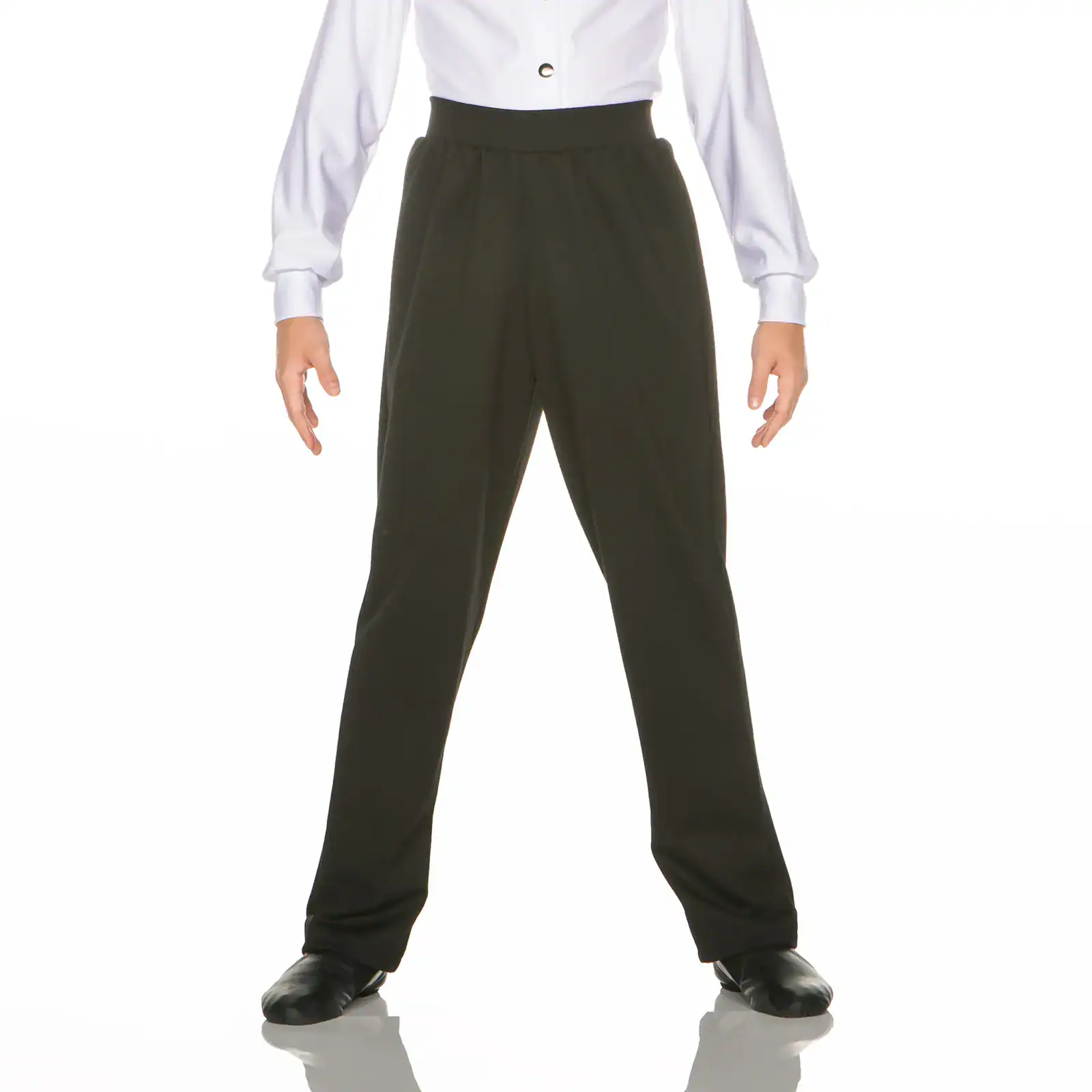 Model wearing black straight-leg dress pants and white shirt