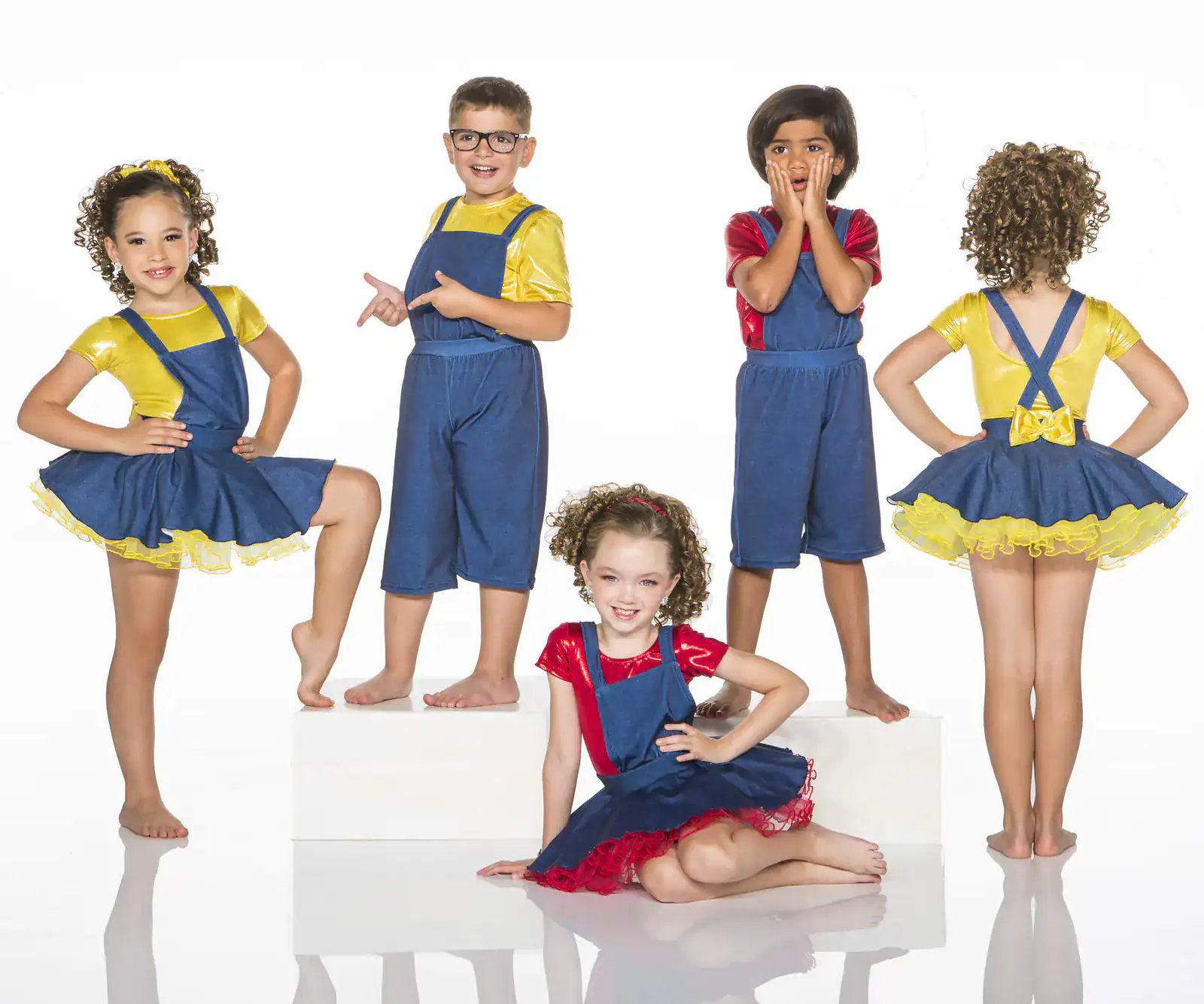 Five children model colorful denim overall costumes on white background.
